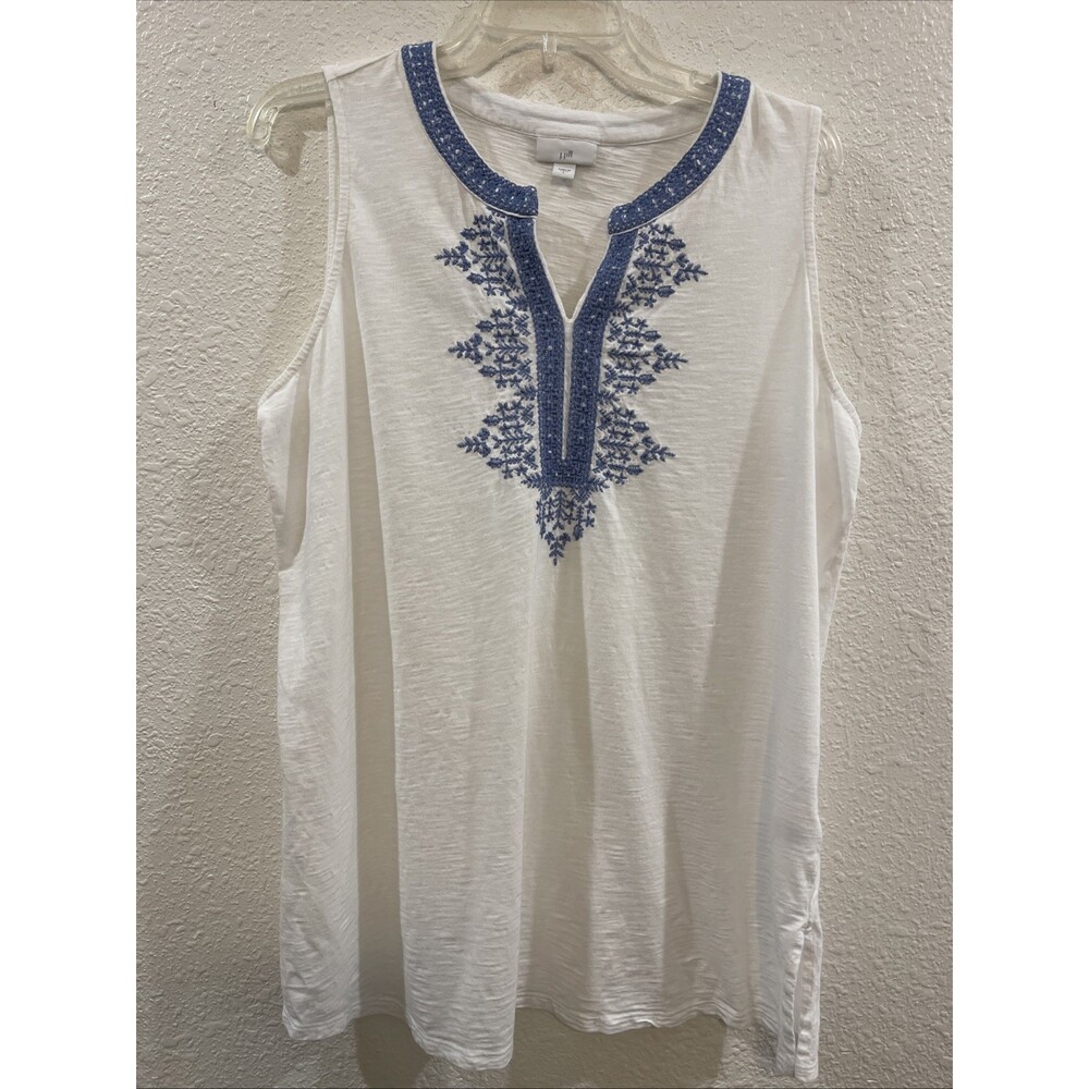 J.Jill Womens L White Blue Embroidered Split Neck Sleeveless Cotton Top,EUC